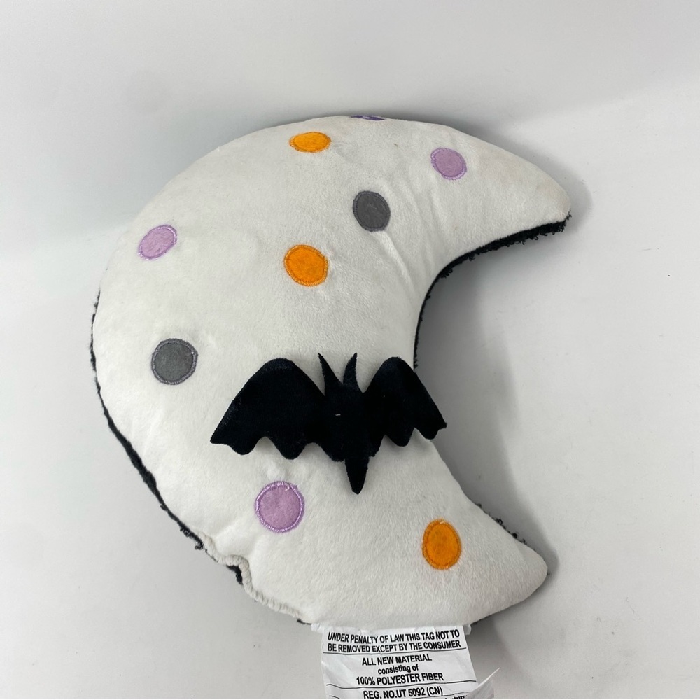 White Crescent Moon Pillow with Orange & Lavender Dots and Black Bat